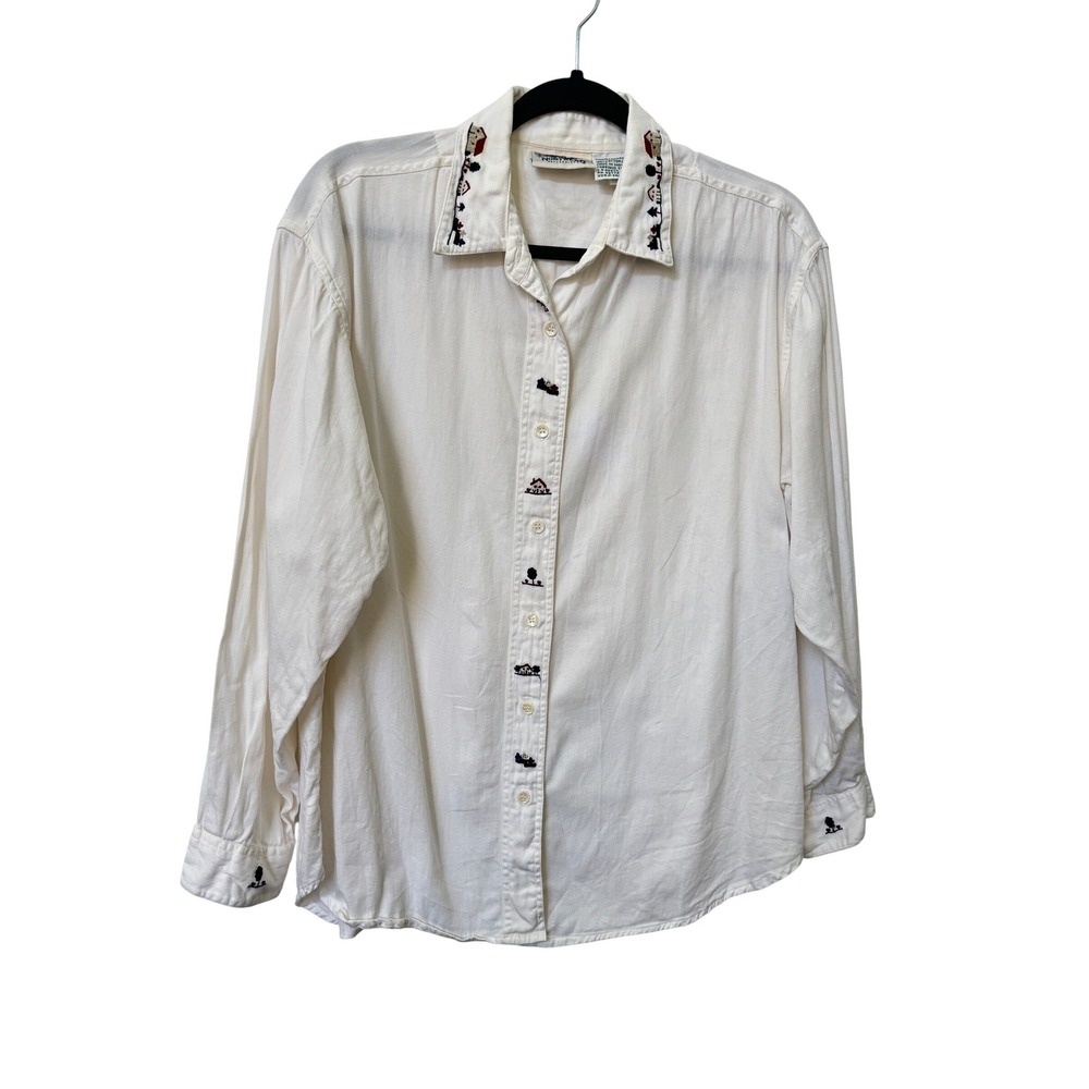 Vtg Northern Reflections Embroidered Shirt Womens Village Button Down White M
